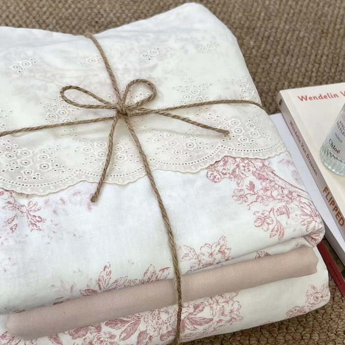 91家纺网 家纺一手货源 找家纺 2024新款全棉印花双层纱四件套--蕾丝花边款 真我