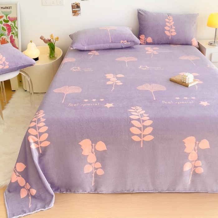 91家纺网 家纺一手货源 找家纺 艾橙家纺 2024新款A类加厚牛奶绒印花床单 银杏叶