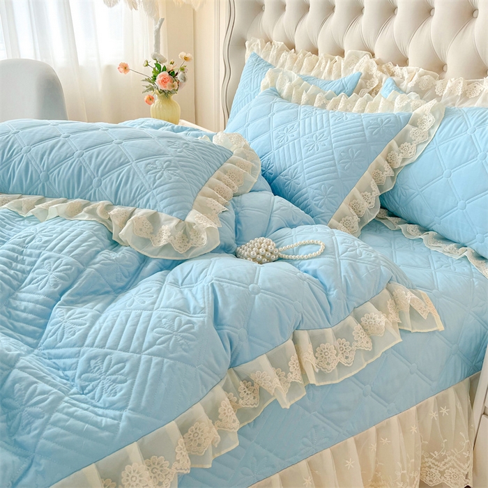 91家纺网 家纺一手货源 找家纺 虹星家纺 2024新款A类水洗棉夹棉床盖四件套 花黛-天空蓝