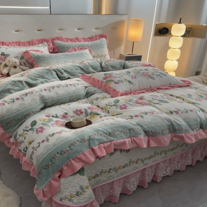 91家纺网 家纺一手货源 找家纺 民新家纺 2025新款牛奶绒印花夹棉床盖四件套 花香四溢-粉