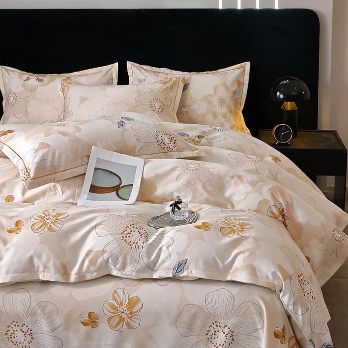 91家纺网 家纺一手货源 找家纺 晶缦家纺 2024新款叶语系纯棉全棉生态磨毛多规格四件套 如月花梦咖