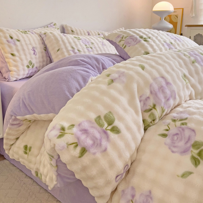 91家纺网 家纺一手货源 找家纺 金爱家 2024新款A类高克重云朵牛奶泡泡绒四件套 泡泡绒-玫瑰紫