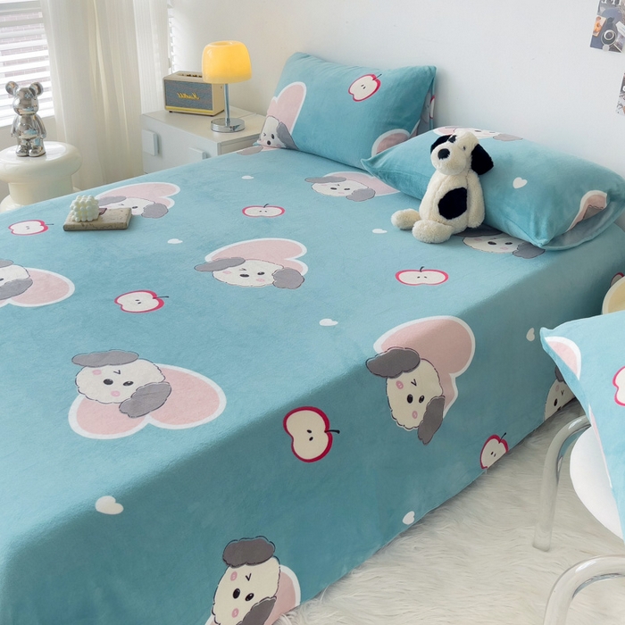 91家纺网 家纺一手货源 找家纺 艾橙家纺 2024新款A类加厚牛奶绒印花床单 呆萌狗