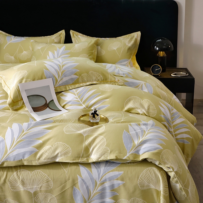 91家纺网 家纺一手货源 找家纺 晶缦家纺 2024新款叶语系纯棉全棉生态磨毛多规格四件套 迷迭香黄