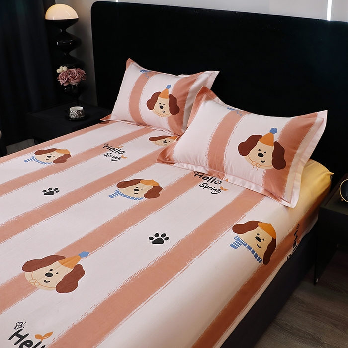 91家纺网 家纺一手货源 找家纺 晶缦家纺 2024新款叶语系纯棉全棉生态磨毛多规格单床笠 欢乐狗粉