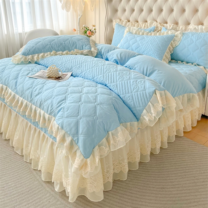 91家纺网 家纺一手货源 找家纺 虹星家纺 2024新款A类水洗棉夹棉床盖四件套 花黛-天空蓝