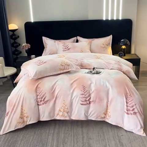 91家纺网 家纺一手货源 找家纺 晶缦家纺 2024新款叶语系纯棉全棉生态磨毛多规格四件套 花羽庭粉