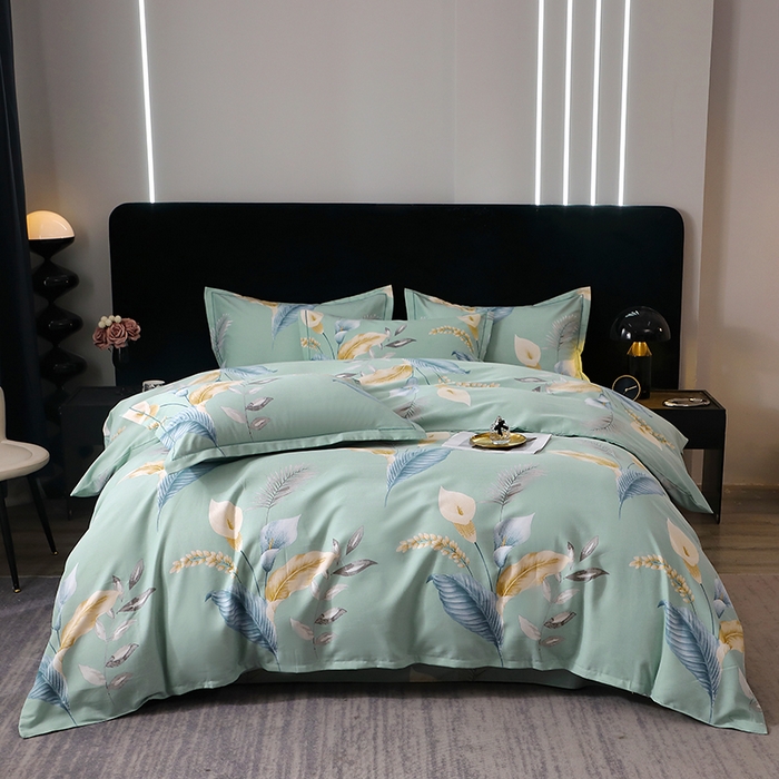 91家纺网 家纺一手货源 找家纺 晶缦家纺 2024新款叶语系纯棉全棉生态磨毛多规格四件套 云瑶蓝