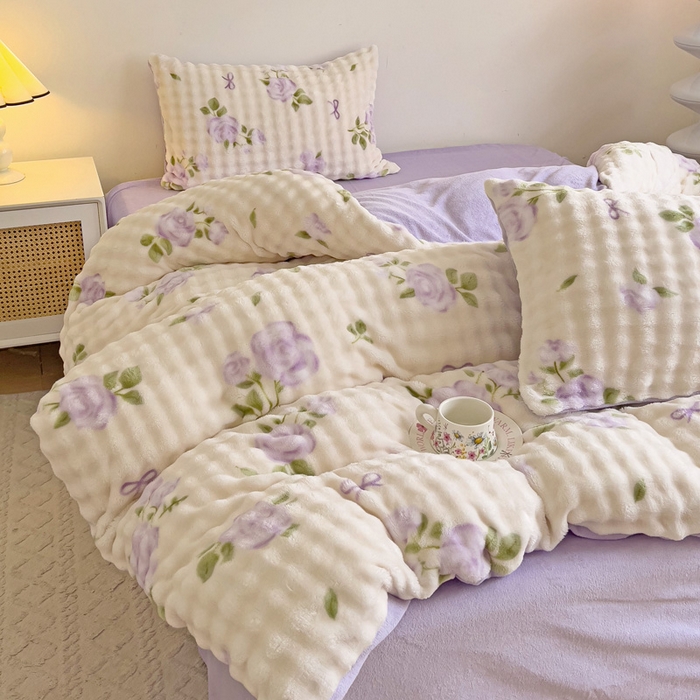 91家纺网 家纺一手货源 找家纺 金爱家 2024新款A类高克重云朵牛奶泡泡绒四件套 泡泡绒-玫瑰紫