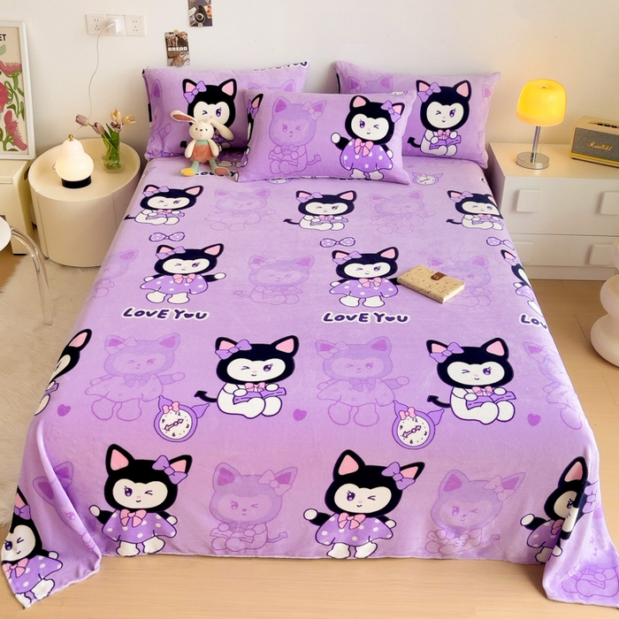 91家纺网 家纺一手货源 找家纺 艾橙家纺 2024新款A类加厚牛奶绒印花床单 猫小姐