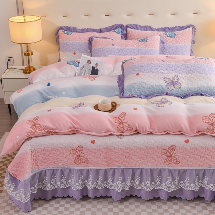 91家纺网 家纺一手货源 找家纺 雅眠居2024新款直播爆款牛奶绒印花床盖四件套双层蕾丝花边床裙单件三件套 浪漫蝴蝶