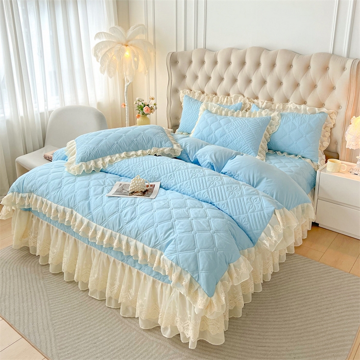 91家纺网 家纺一手货源 找家纺 虹星家纺 2024新款A类水洗棉夹棉床盖四件套 花黛-天空蓝