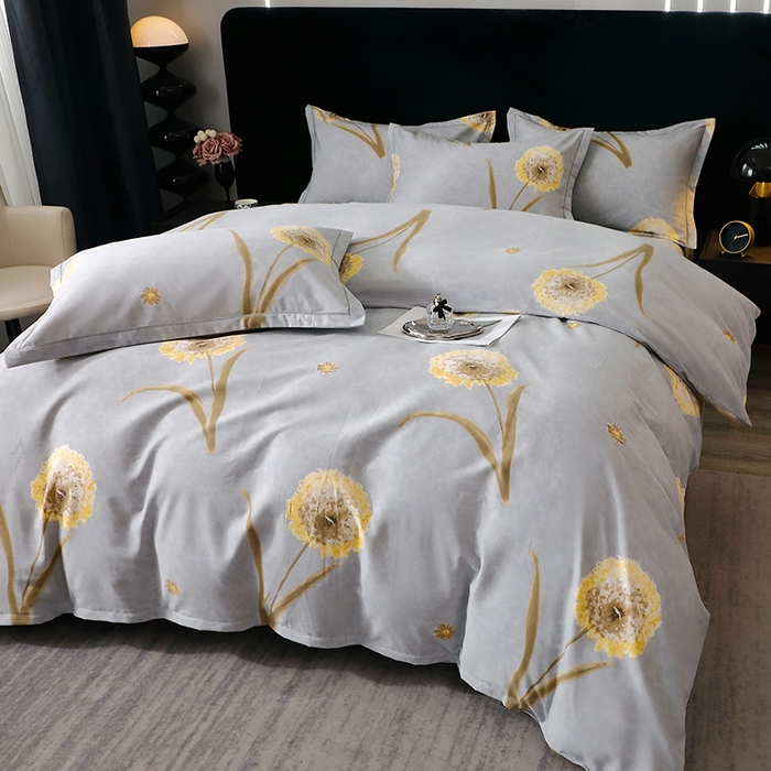 91家纺网 家纺一手货源 找家纺 晶缦家纺 2024新款叶语系纯棉全棉生态磨毛多规格四件套 清浅蒲英灰