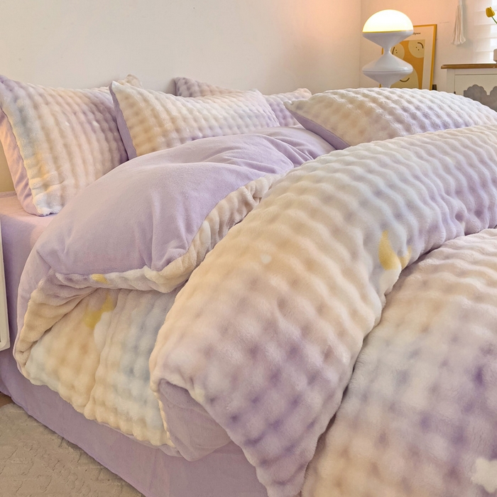 91家纺网 家纺一手货源 找家纺 金爱家 2024新款A类高克重云朵牛奶泡泡绒四件套 泡泡绒-星空紫