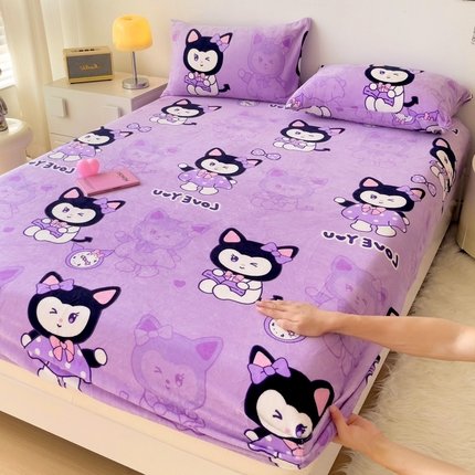 艾橙家纺 2024新款A类加厚牛奶绒印花床笠 猫小姐