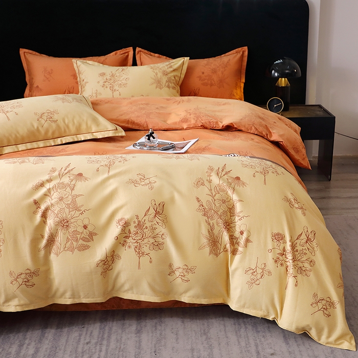 91家纺网 家纺一手货源 找家纺 晶缦家纺 2024新款叶语系纯棉全棉生态磨毛多规格四件套 绿风铃桔