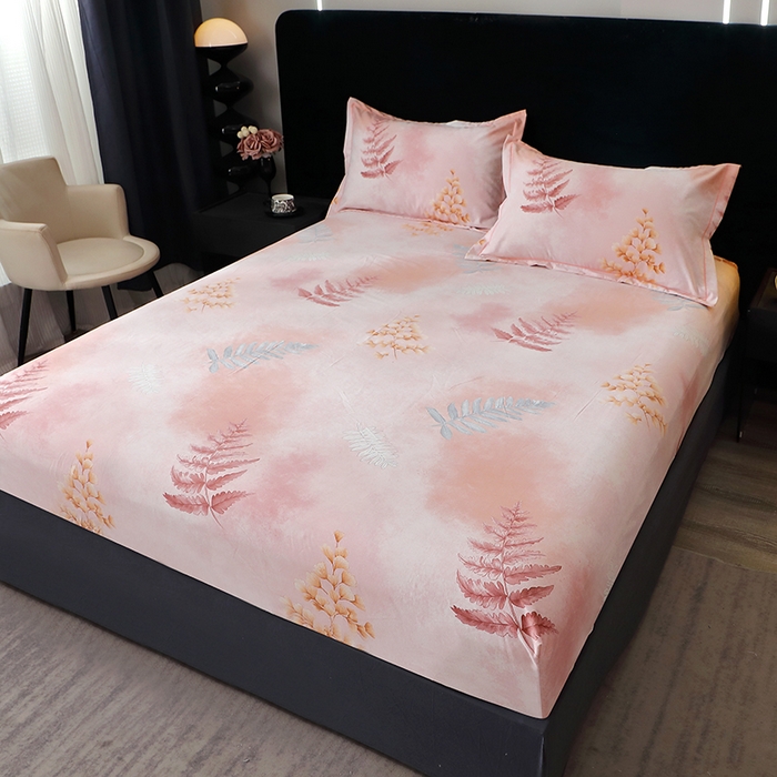 91家纺网 家纺一手货源 找家纺 晶缦家纺 2024新款叶语系纯棉全棉生态磨毛多规格单床笠 花羽庭粉