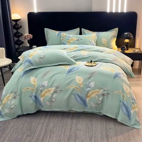 91家纺网 家纺一手货源 找家纺 晶缦家纺 2024新款叶语系纯棉全棉生态磨毛多规格四件套 云瑶蓝