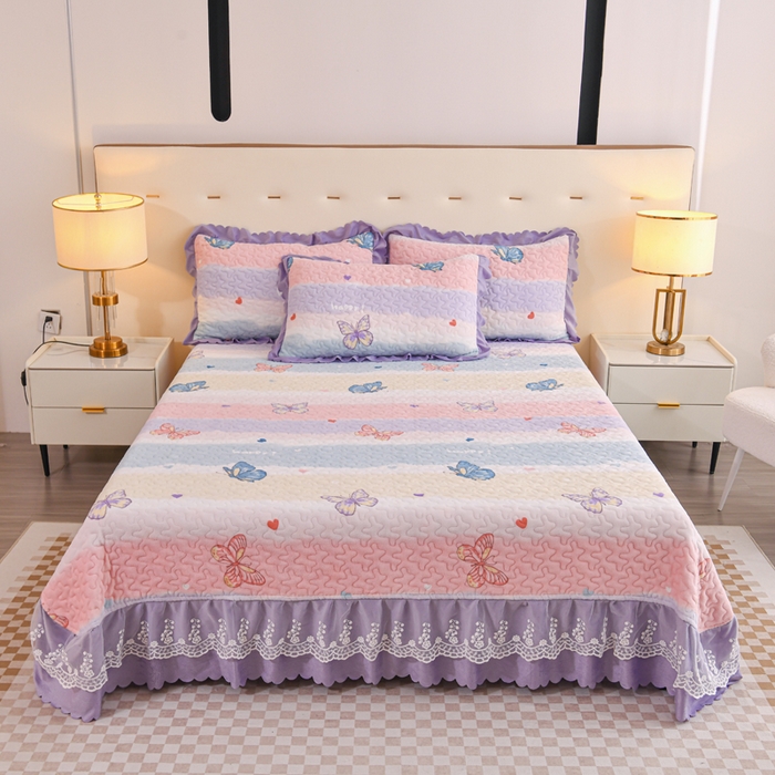 91家纺网 家纺一手货源 找家纺 雅眠居2024新款直播爆款牛奶绒印花床盖四件套双层蕾丝花边床裙单件三件套 浪漫蝴蝶