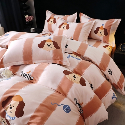 晶缦家纺 2024新款叶语系纯棉全棉生态磨毛多规格四件套 欢乐狗粉