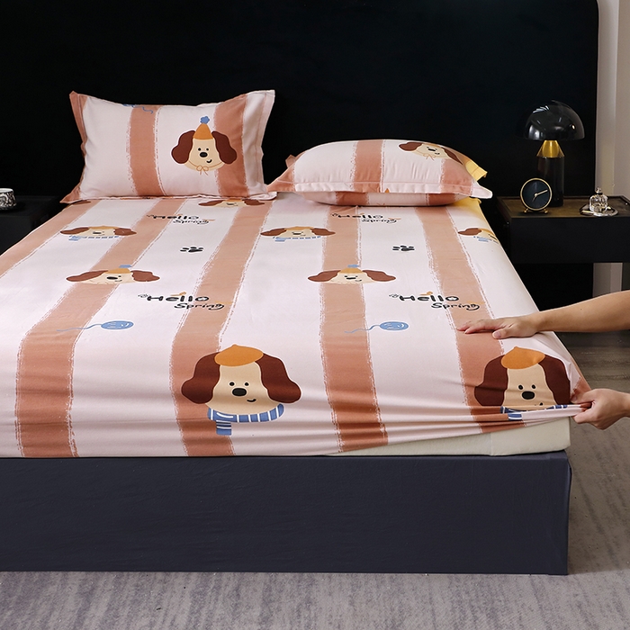 91家纺网 家纺一手货源 找家纺 晶缦家纺 2024新款叶语系纯棉全棉生态磨毛多规格单床笠 欢乐狗粉