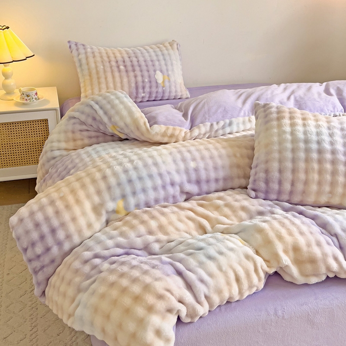 91家纺网 家纺一手货源 找家纺 金爱家 2024新款A类高克重云朵牛奶泡泡绒四件套 泡泡绒-星空紫