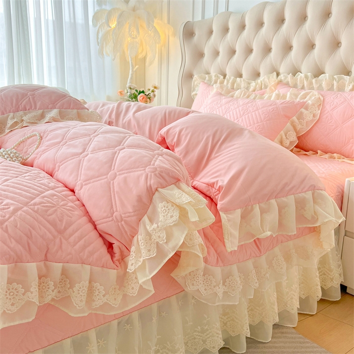 91家纺网 家纺一手货源 找家纺 虹星家纺 2024新款A类水洗棉夹棉床盖四件套 花黛-仙女粉