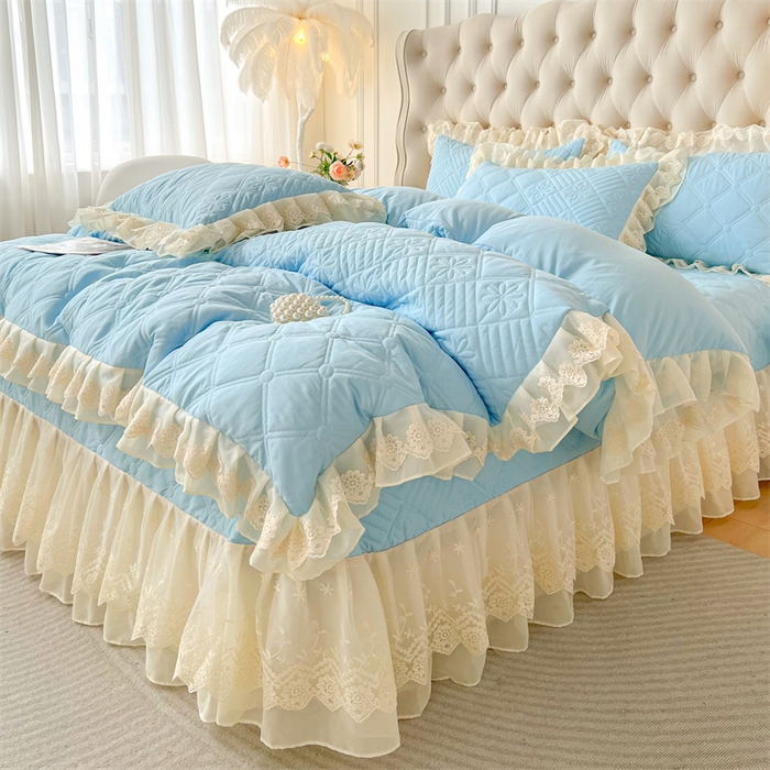 91家纺网 家纺一手货源 找家纺 虹星家纺 2024新款A类水洗棉夹棉床盖四件套 花黛-天空蓝