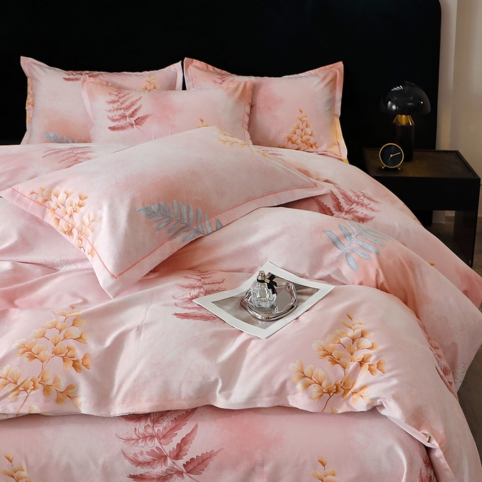 91家纺网 家纺一手货源 找家纺 晶缦家纺 2024新款叶语系纯棉全棉生态磨毛多规格四件套 花羽庭粉