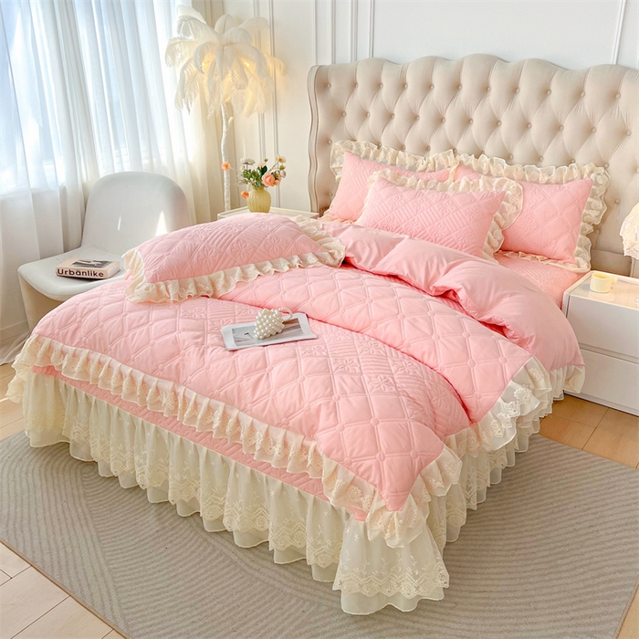 91家纺网 家纺一手货源 找家纺 虹星家纺 2024新款A类水洗棉夹棉床盖四件套 花黛-仙女粉