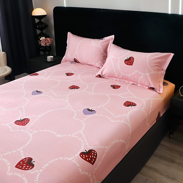 91家纺网 家纺一手货源 找家纺 晶缦家纺 2024新款叶语系纯棉全棉生态磨毛多规格单床笠 炫动草莓粉