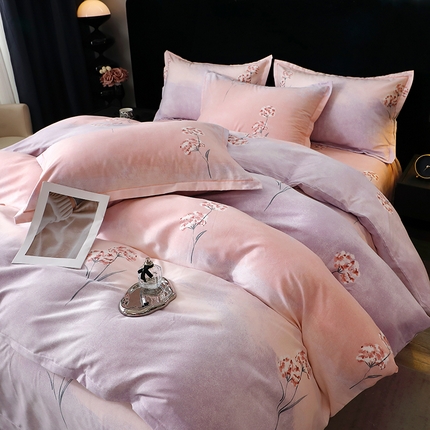 晶缦家纺 2024新款叶语系纯棉全棉生态磨毛多规格四件套 兰菲尼粉