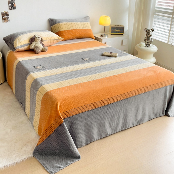 91家纺网 家纺一手货源 找家纺 艾橙家纺 2024新款A类加厚牛奶绒印花床单 橙灰条纹