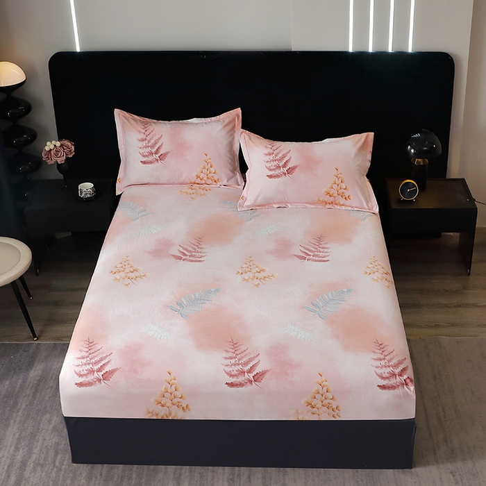 91家纺网 家纺一手货源 找家纺 晶缦家纺 2024新款叶语系纯棉全棉生态磨毛多规格单床笠 花羽庭粉