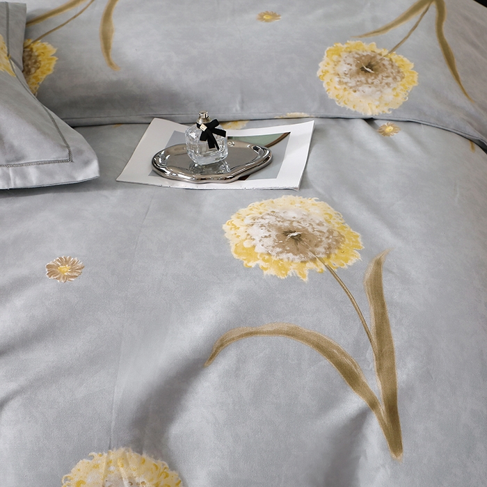 91家纺网 家纺一手货源 找家纺 晶缦家纺 2024新款叶语系纯棉全棉生态磨毛多规格四件套 清浅蒲英灰