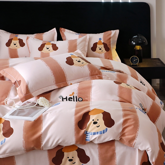 91家纺网 家纺一手货源 找家纺 晶缦家纺 2024新款叶语系纯棉全棉生态磨毛多规格四件套 欢乐狗粉