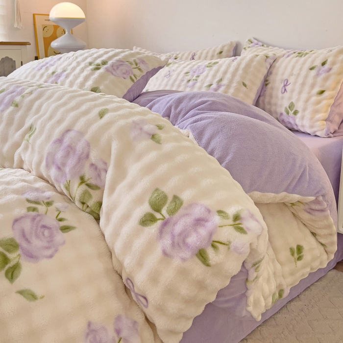 91家纺网 家纺一手货源 找家纺 金爱家 2024新款A类高克重云朵牛奶泡泡绒四件套 泡泡绒-玫瑰紫