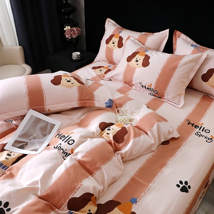 91家纺网 家纺一手货源 找家纺 晶缦家纺 2024新款叶语系纯棉全棉生态磨毛多规格四件套 欢乐狗粉