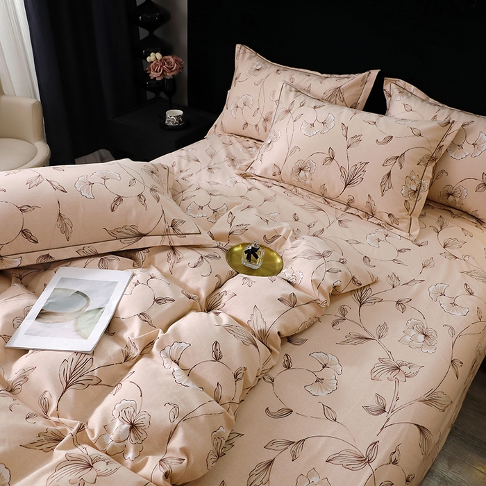 91家纺网 家纺一手货源 找家纺 晶缦家纺 2024新款叶语系纯棉全棉生态磨毛多规格四件套 美兮咖