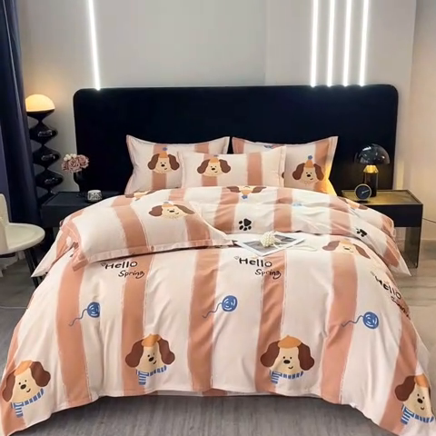 91家纺网 家纺一手货源 找家纺 晶缦家纺 2024新款叶语系纯棉全棉生态磨毛多规格四件套 欢乐狗粉