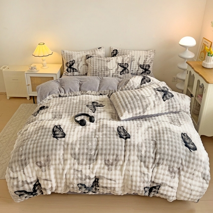 金爱家 2024新款A类高克重云朵牛奶泡泡绒四件套 泡泡绒-梦蝶灰
