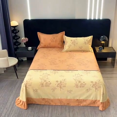 91家纺网 家纺一手货源 找家纺 晶缦家纺 2024新款叶语系纯棉全棉生态磨毛多规格单床单 绿风铃桔