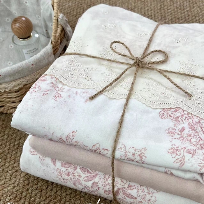 91家纺网 家纺一手货源 找家纺 2024新款全棉印花双层纱四件套--蕾丝花边款 真我