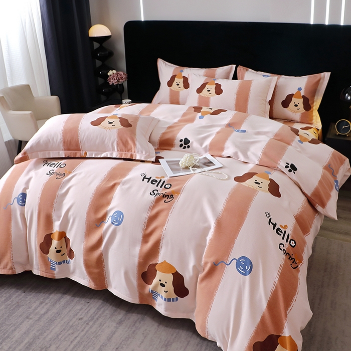 91家纺网 家纺一手货源 找家纺 晶缦家纺 2024新款叶语系纯棉全棉生态磨毛多规格四件套 欢乐狗粉