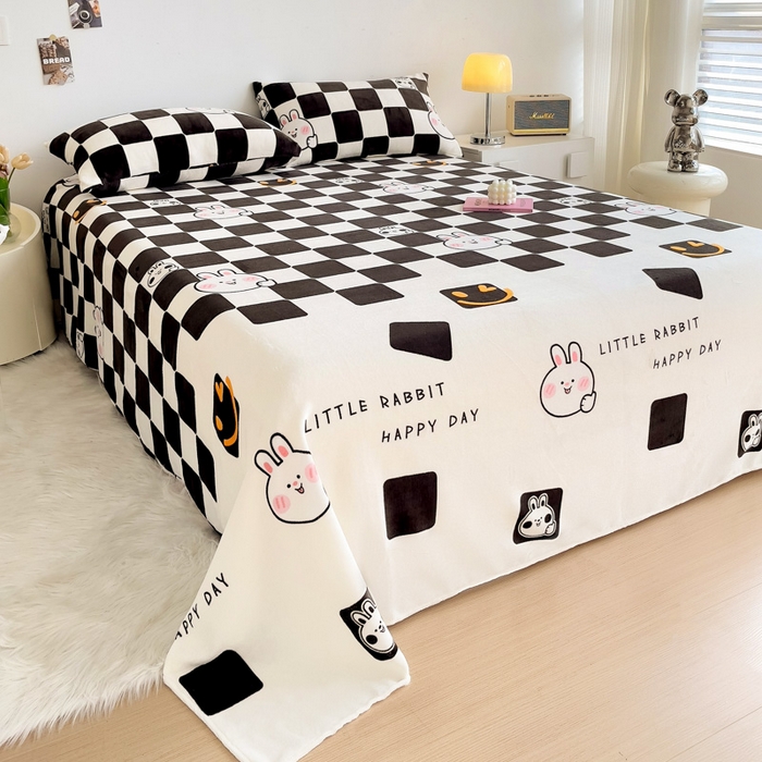 91家纺网 家纺一手货源 找家纺 艾橙家纺 2024新款A类加厚牛奶绒印花床单 棋盘兔