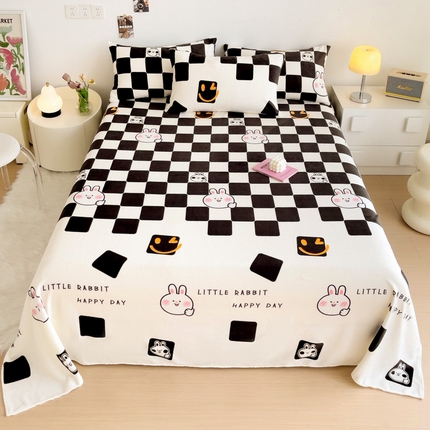 艾橙家纺 2024新款A类加厚牛奶绒印花床单 棋盘兔