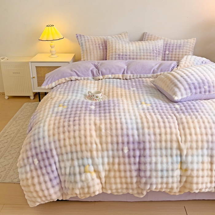 91家纺网 家纺一手货源 找家纺 金爱家 2024新款A类高克重云朵牛奶泡泡绒四件套 泡泡绒-星空紫