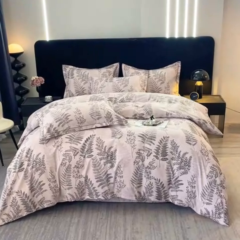 91家纺网 家纺一手货源 找家纺 晶缦家纺 2024新款叶语系纯棉全棉生态磨毛多规格四件套 本草花叶灰