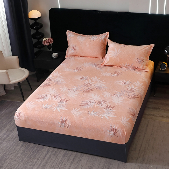 91家纺网 家纺一手货源 找家纺 晶缦家纺 2024新款叶语系纯棉全棉生态磨毛多规格单床笠 枫叶情怀粉