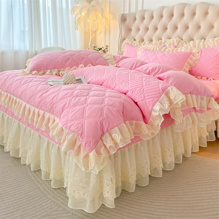 91家纺网 家纺一手货源 找家纺 虹星家纺 2024新款A类水洗棉夹棉床盖四件套 花黛-樱花粉